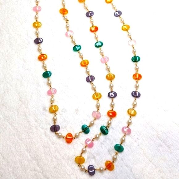 Vintage Natural Stone/Quartz Necklace w/ Faux Pearl Accents - 48" Long - Picture 5 of 8